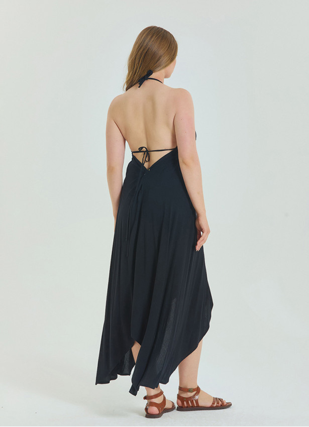 V Neck Backless Halter Neck Black Plus Size Dress 4663